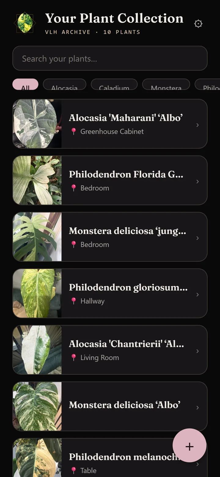 The app's collection screen on a phone: a dark list of plants, each row with a leaf photograph, its name and the room it stands in.
