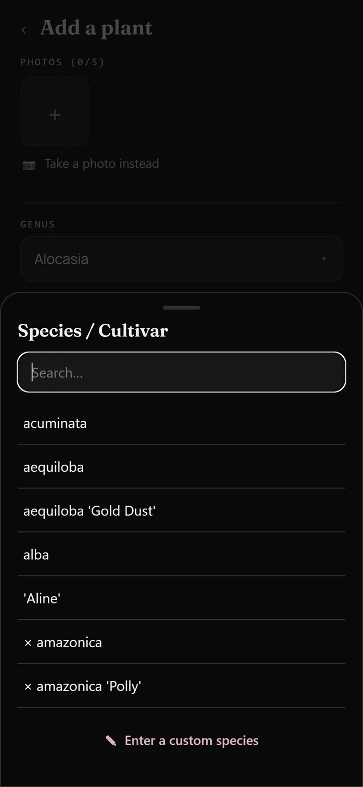 The Alocasia library inside the app: a searchable list of entries, each marked according to whether it is already in your collection.