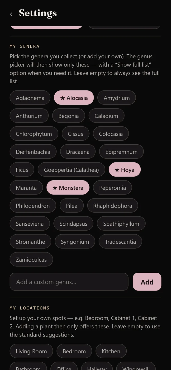 The settings screen: a dark and light switch, and a row of genus chips for choosing which genera you collect.